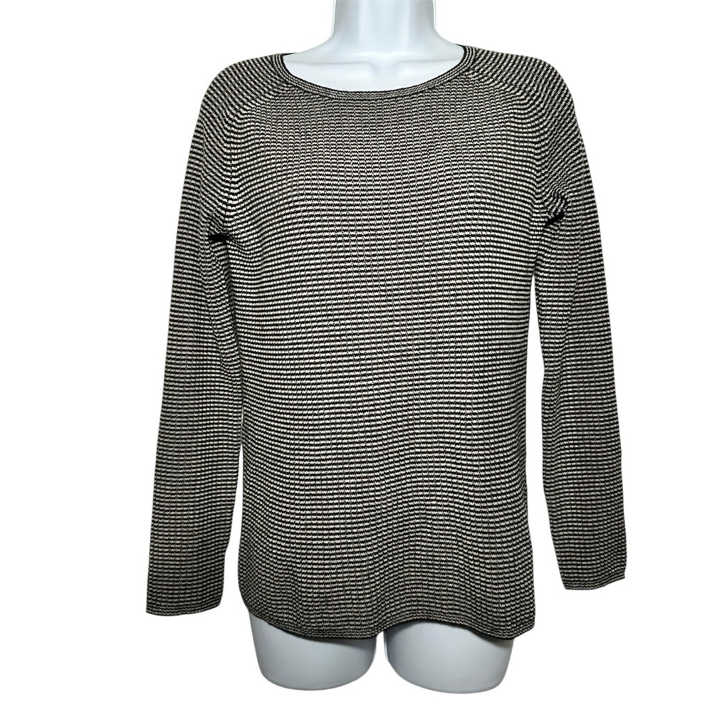 Steven Alan Women’s Black and Oatmeal Mini Stripe 100% Cashmere Sweater- Petite